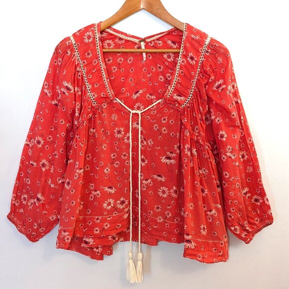 Free People | Never A Dull Moment Blouse Coral Red Peasant Floral Top | Size XS - Picture 5 of 10